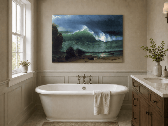Unframed hand-painted stormy seascape oil painting with a towering ocean wave displayed above a freestanding bathtub.