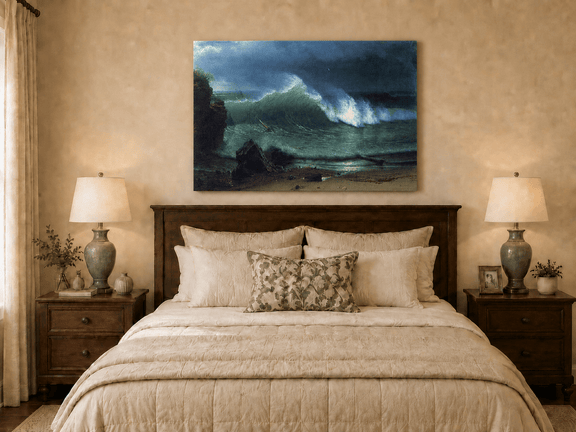 Unframed hand-painted stormy seascape oil painting with a towering ocean wave displayed above a wooden bed in a neutral bedroom.