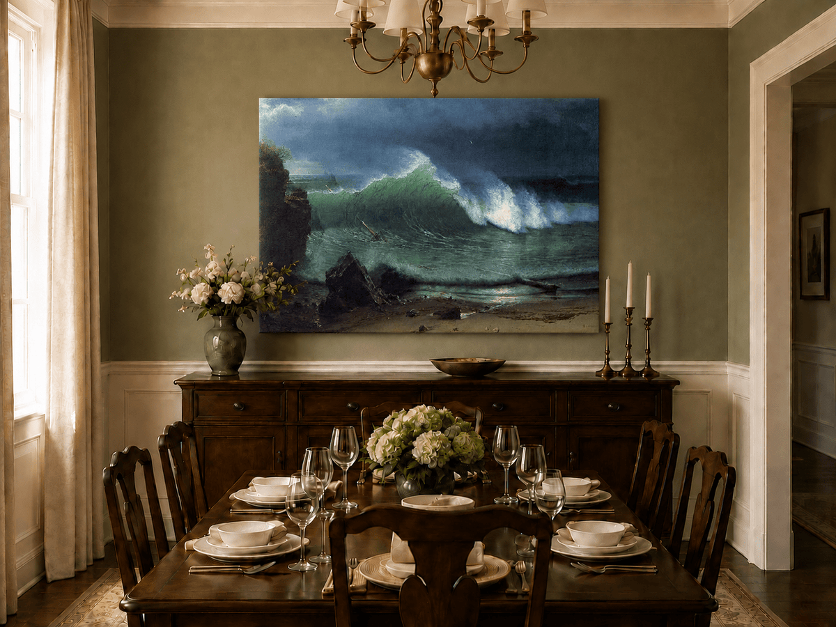 Unframed hand-painted stormy seascape oil painting with a towering ocean wave displayed above a formal dining table.