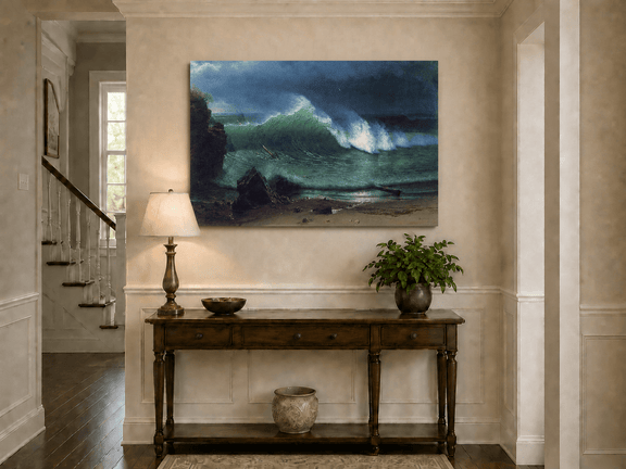 Unframed hand-painted stormy seascape oil painting with a towering ocean wave displayed above an entryway console table.