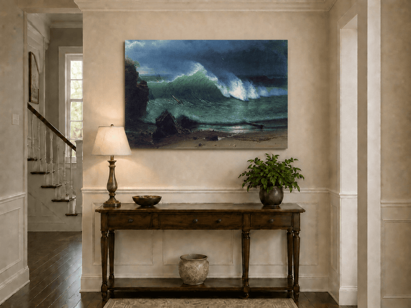 Unframed hand-painted stormy seascape oil painting with a towering ocean wave displayed above an entryway console table.