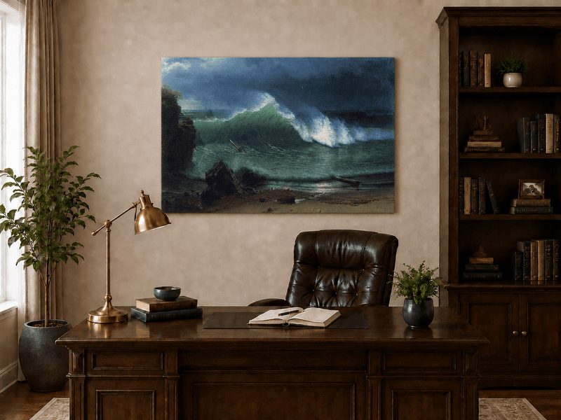 Unframed hand-painted stormy seascape oil painting with a towering ocean wave displayed above a traditional home office desk.