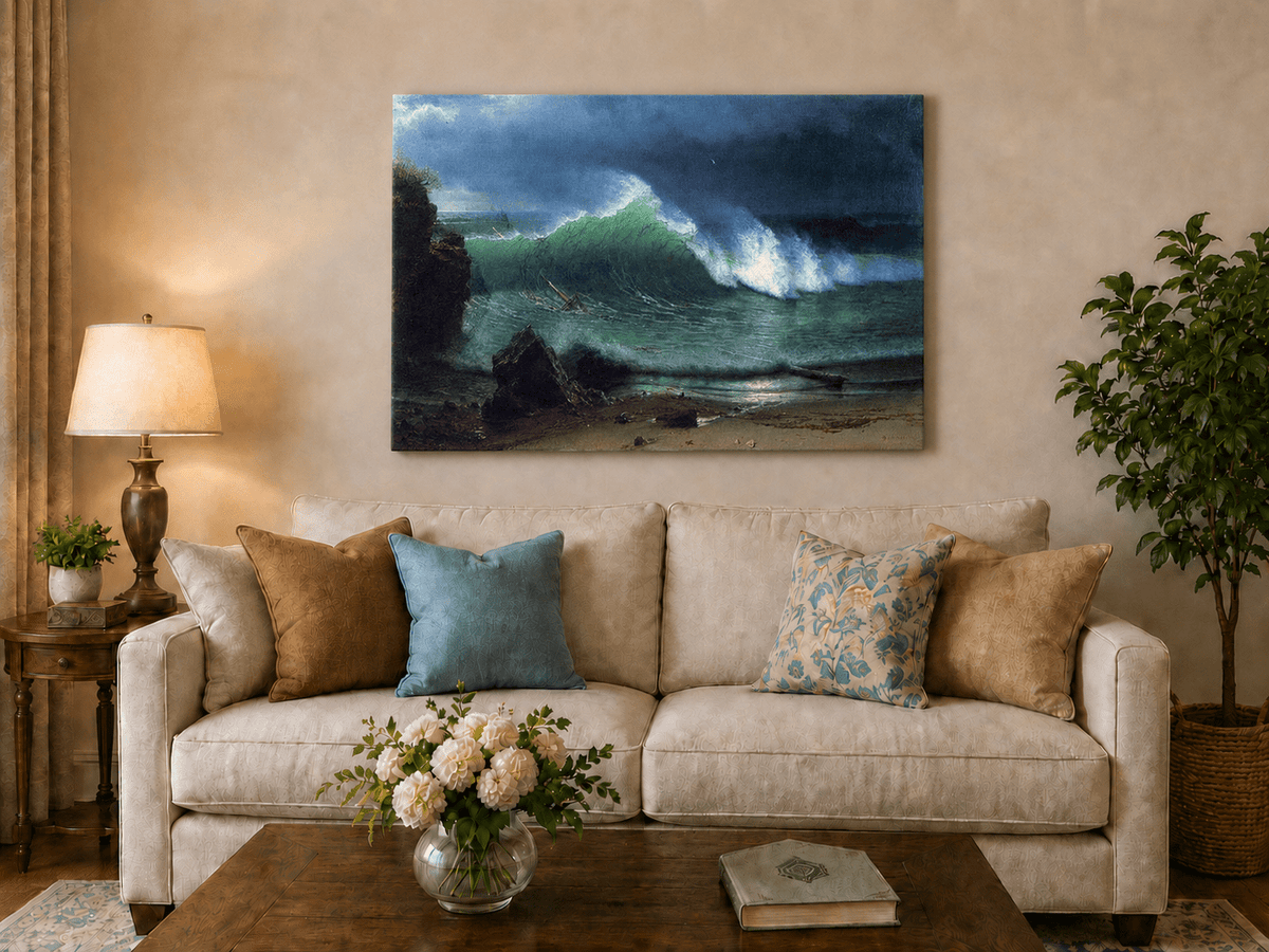 Unframed hand-painted stormy seascape oil painting with a towering ocean wave displayed above a neutral living room sofa.