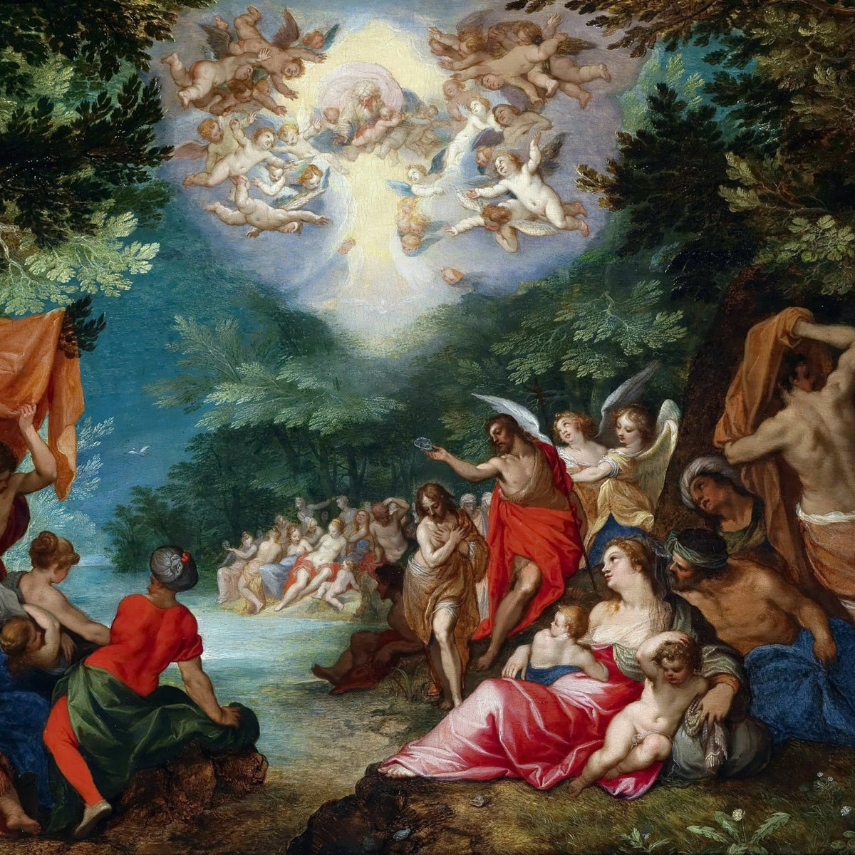 The Baptism of Christ with Angels and Crowd - People Oil Painting - Oil Painting Haven