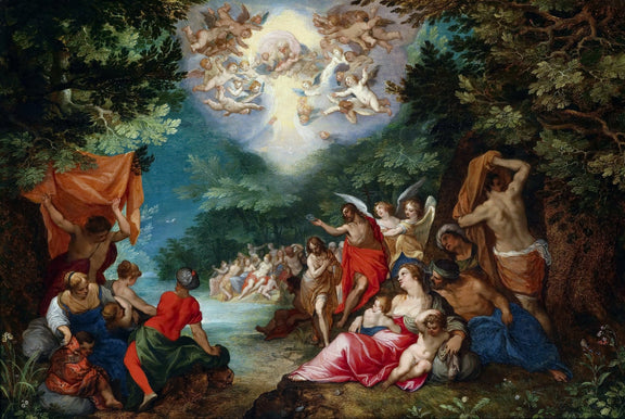 The Baptism of Christ with Angels and Crowd - People Oil Painting - Oil Painting Haven