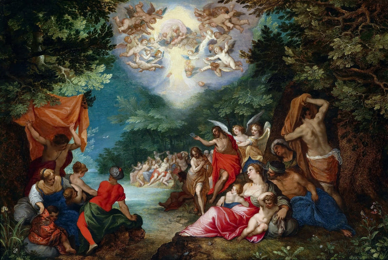 The Baptism of Christ with Angels and Crowd - People Oil Painting - Oil Painting Haven