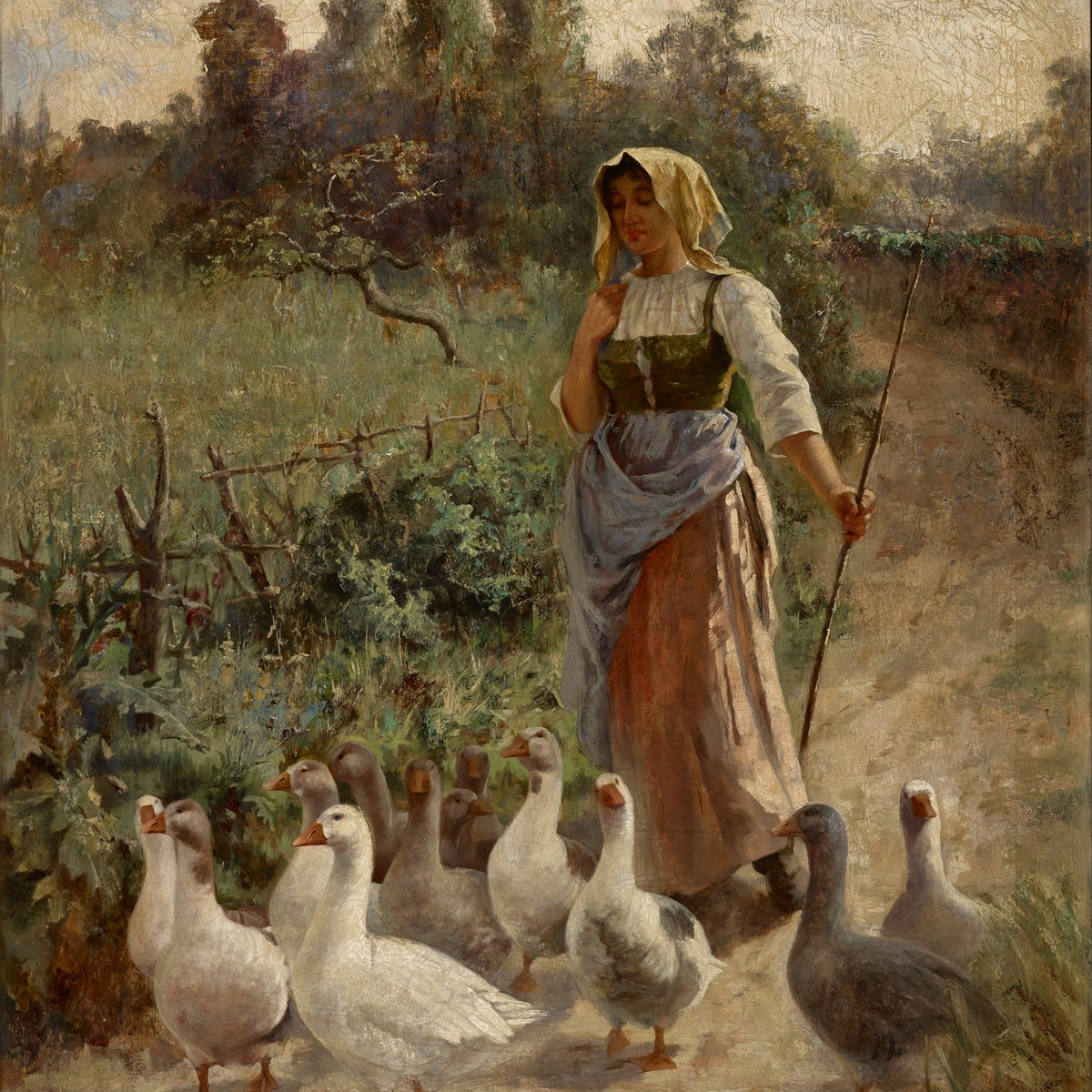 The Goose Girl – Hand - Painted Rustic Countryside Oil Painting - Oil Painting Haven