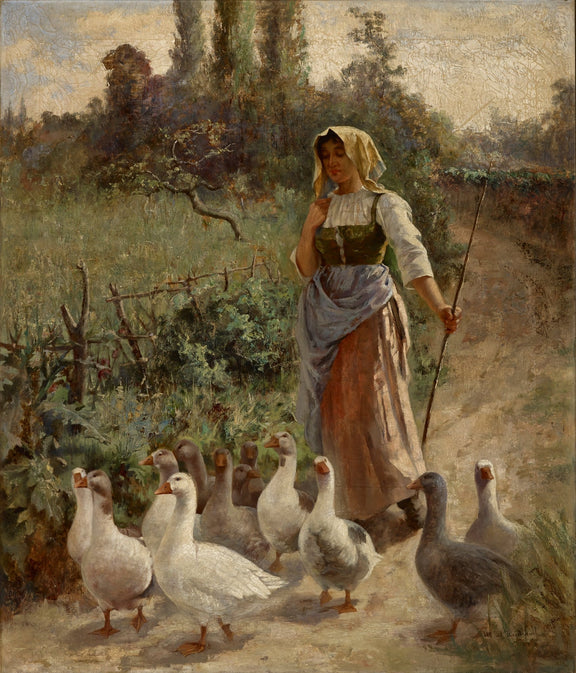 The Goose Girl – Hand - Painted Rustic Countryside Oil Painting - Oil Painting Haven