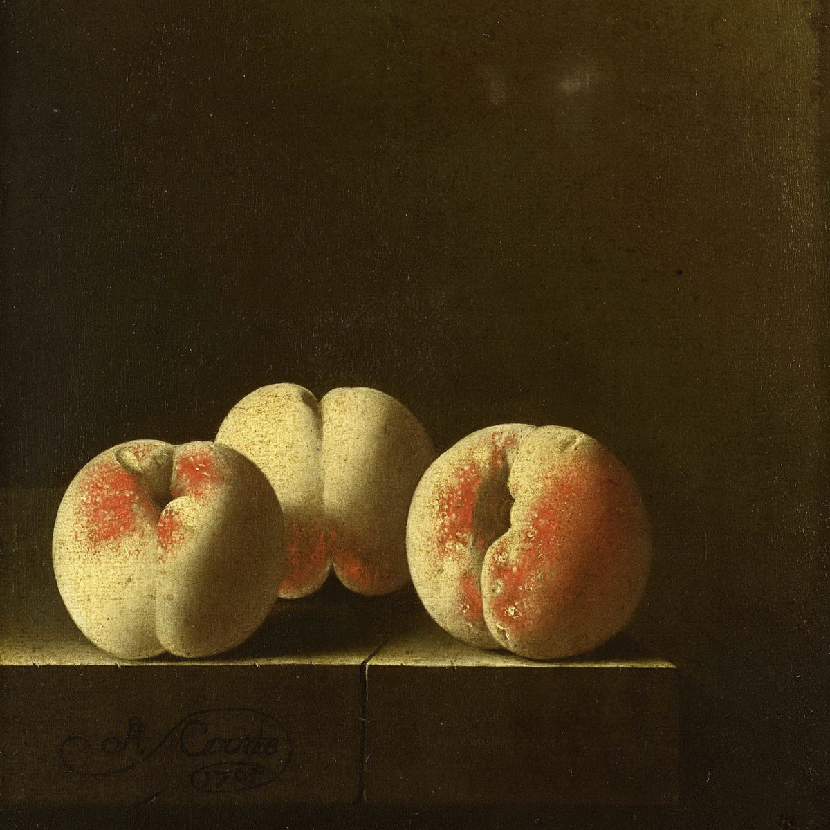 Three Peaches on a Stone Ledge - Still Life Oil Painting - Oil Painting Haven