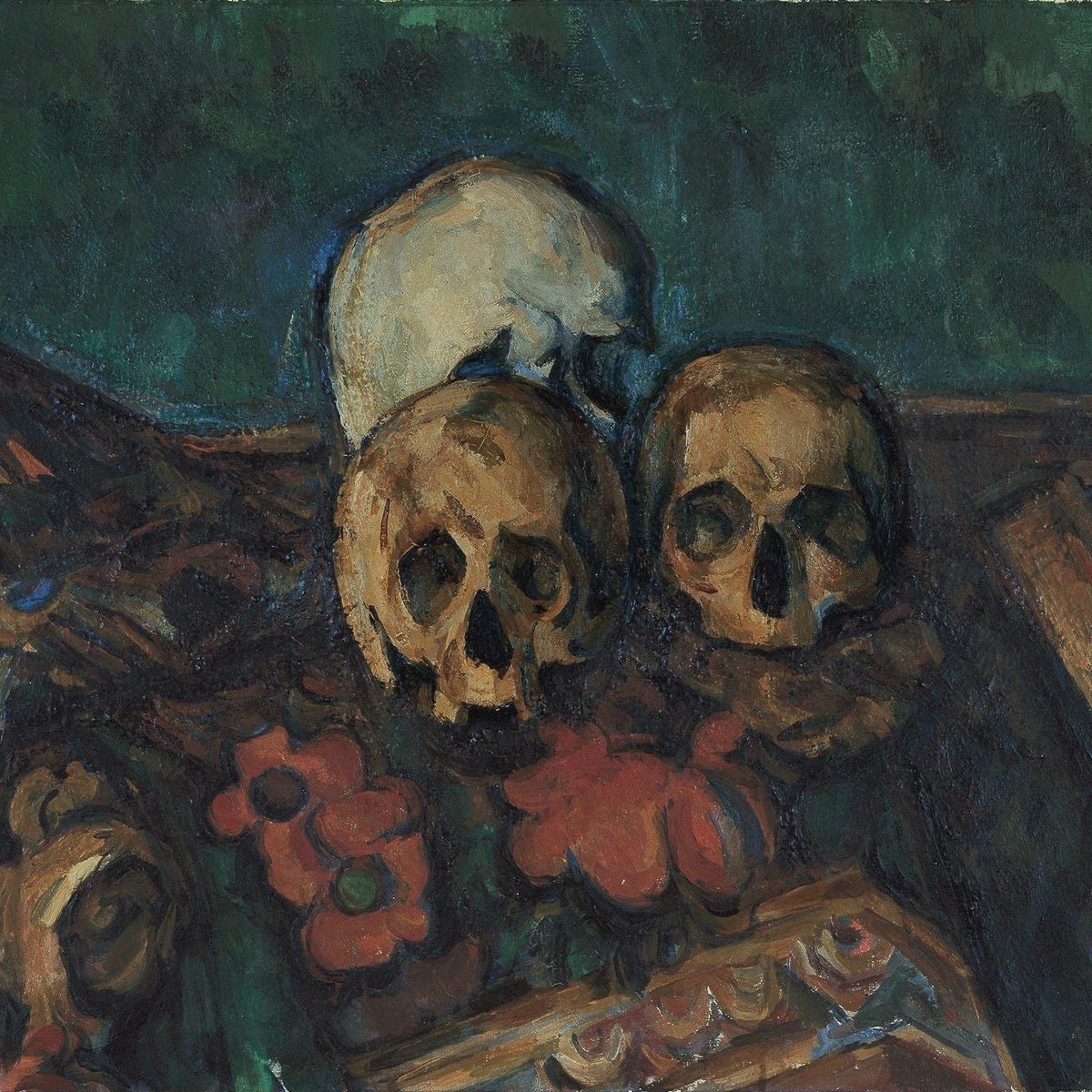 Three Skulls on Patterned Cloth - Still Life Oil Painting - Oil Painting Haven