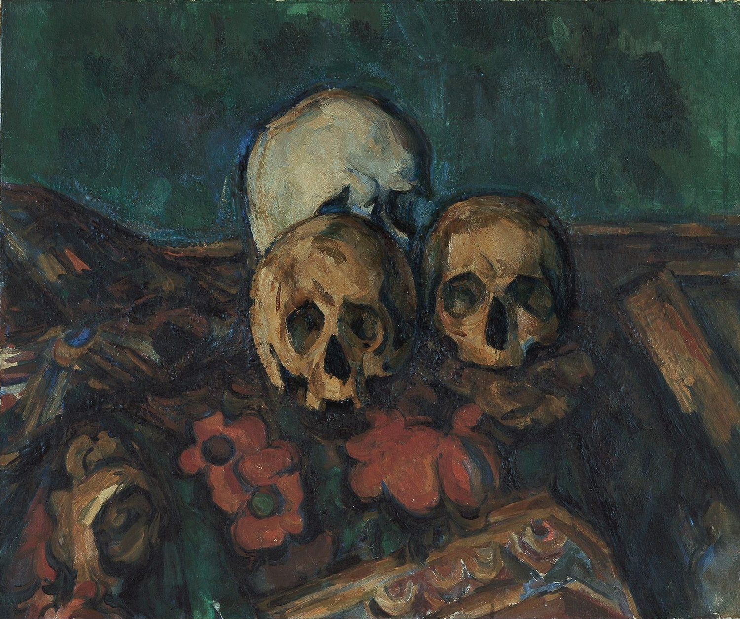 Three Skulls on Patterned Cloth - Still Life Oil Painting - Oil Painting Haven