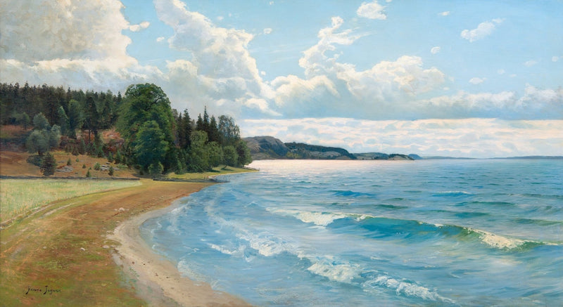 Tranquil Lakeside Shore with Blue Water – Landscape Oil Painting - Oil Painting Haven