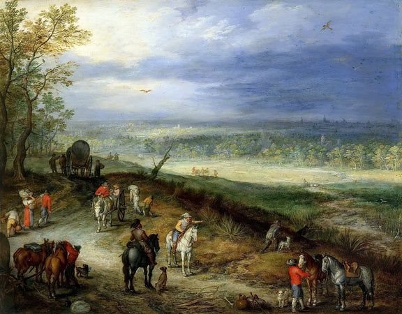 Travelers and Horsemen in a Wide Valley Landscape - People Oil Painting - Oil Painting Haven