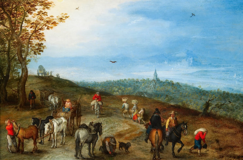 Travelers and Horses on a Country Road - People Oil Painting - Oil Painting Haven