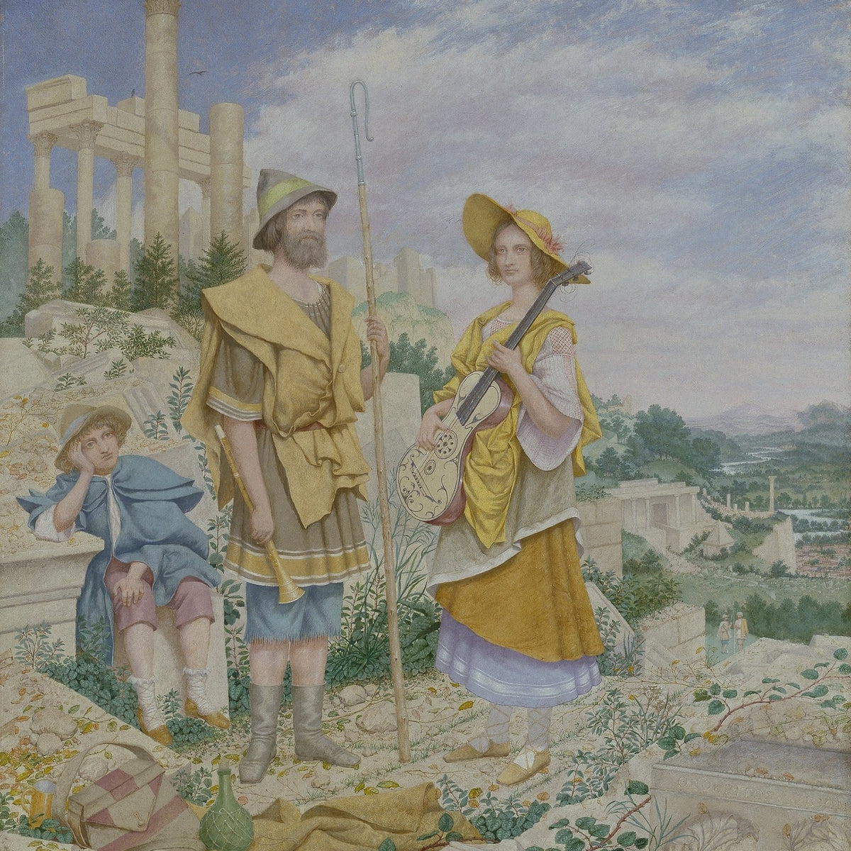 Travelers with Lute in Ancient Ruins Landscape - People Oil Painting - Oil Painting Haven