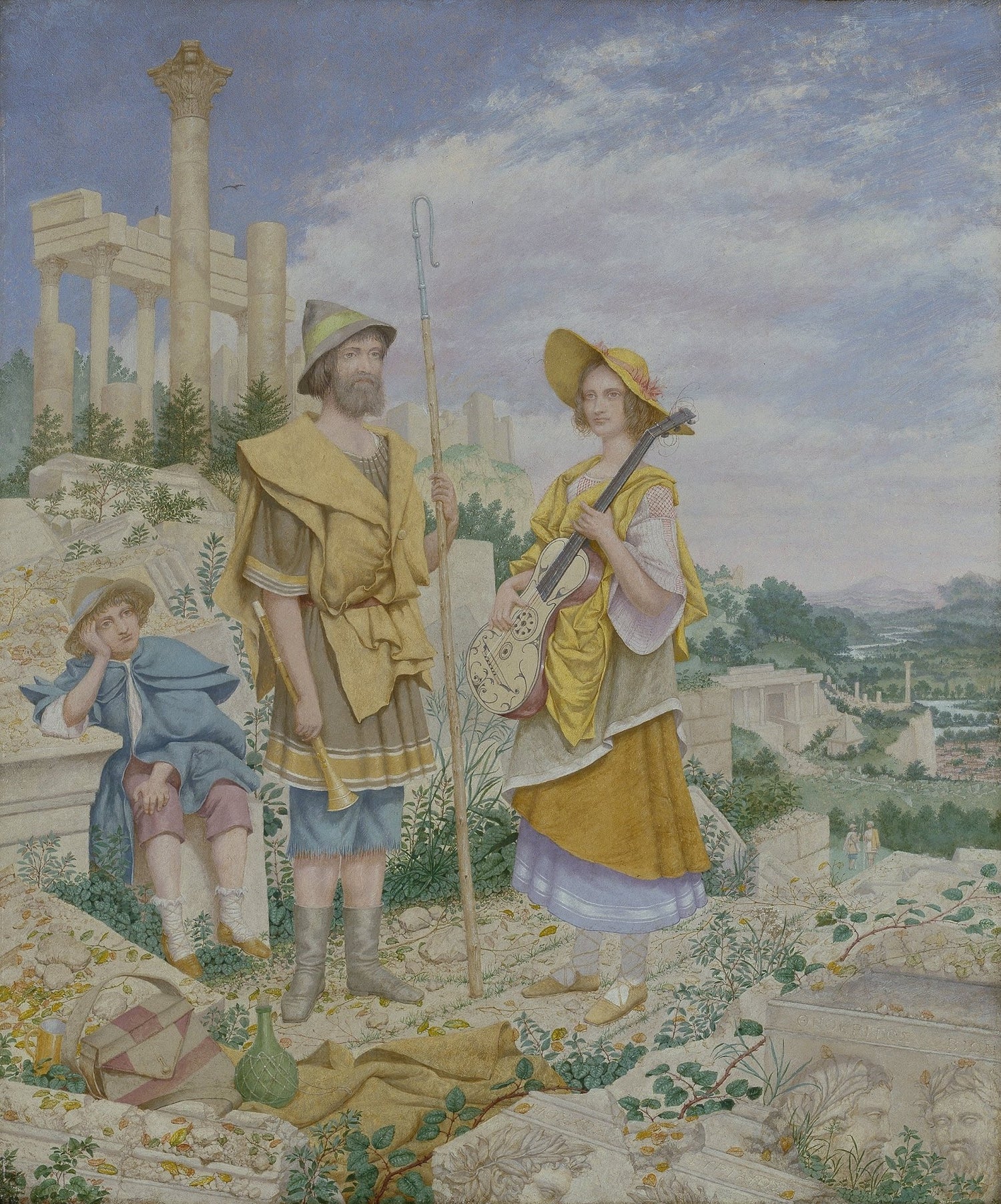 Travelers with Lute in Ancient Ruins Landscape - People Oil Painting - Oil Painting Haven