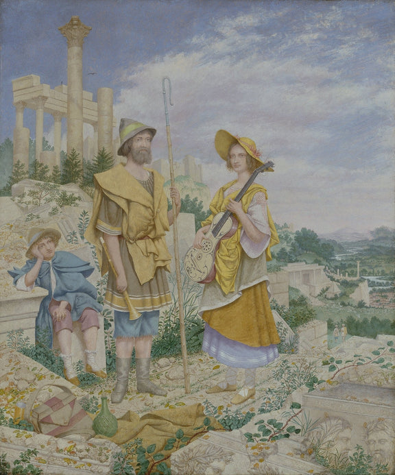 Travelers with Lute in Ancient Ruins Landscape - People Oil Painting - Oil Painting Haven