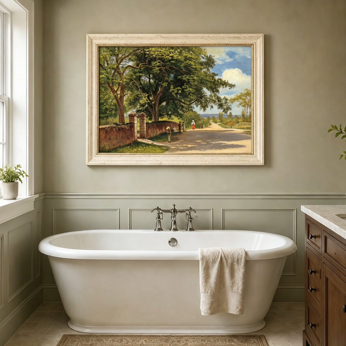 Framed hand-painted country road oil painting with figures beneath broad leafy trees displayed above a freestanding bathtub.