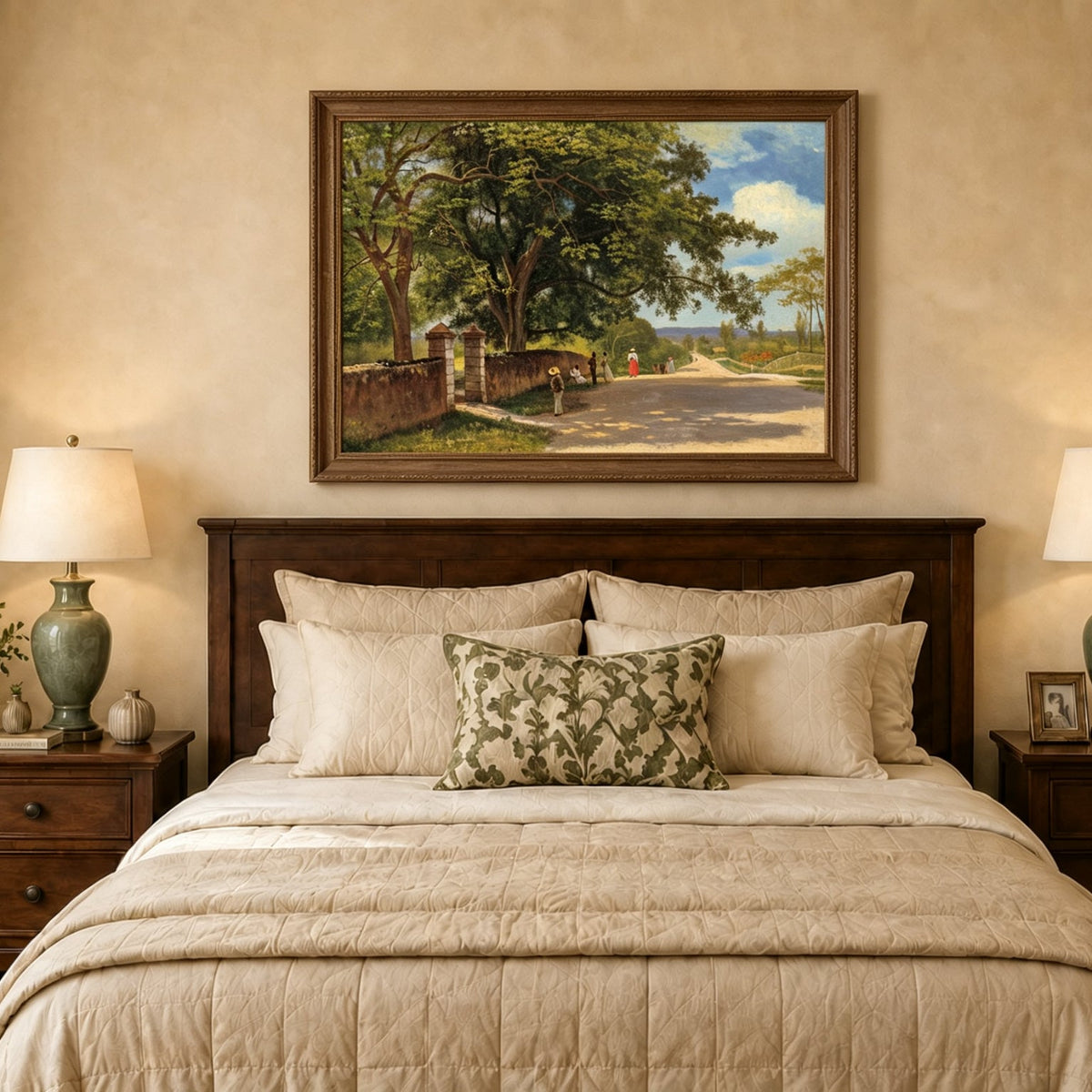 Framed hand-painted country road oil painting with figures beneath broad leafy trees displayed above a wooden bed in a neutral bedroom.