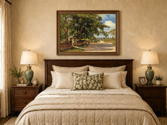 Framed hand-painted country road oil painting with figures beneath broad leafy trees displayed above a wooden bed in a neutral bedroom.