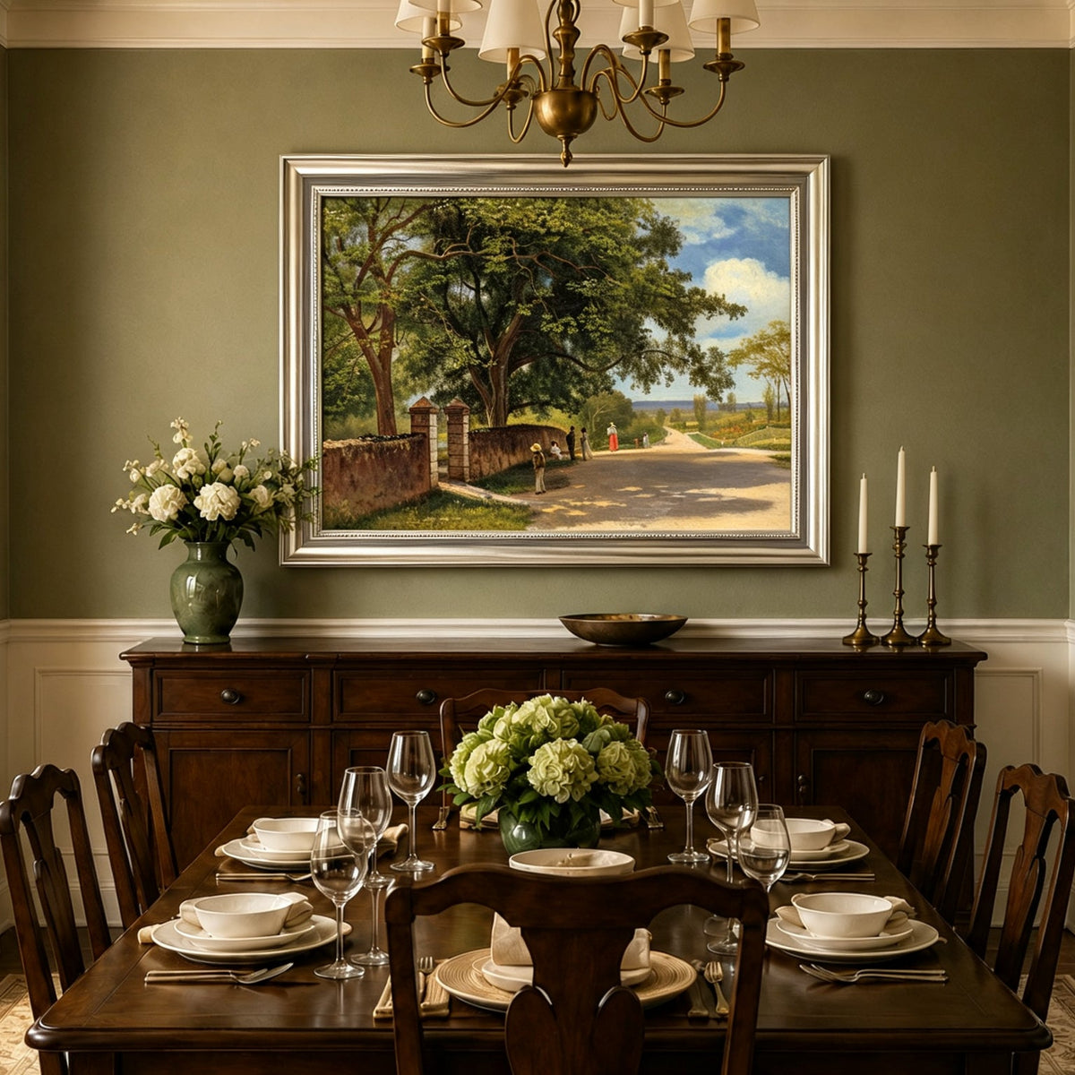 Framed hand-painted country road oil painting with figures beneath broad leafy trees displayed above a formal dining table.