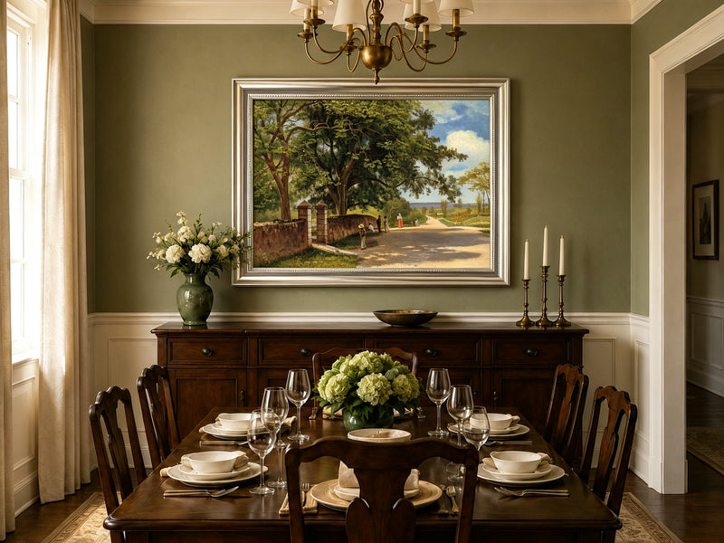 Framed hand-painted country road oil painting with figures beneath broad leafy trees displayed above a formal dining table.