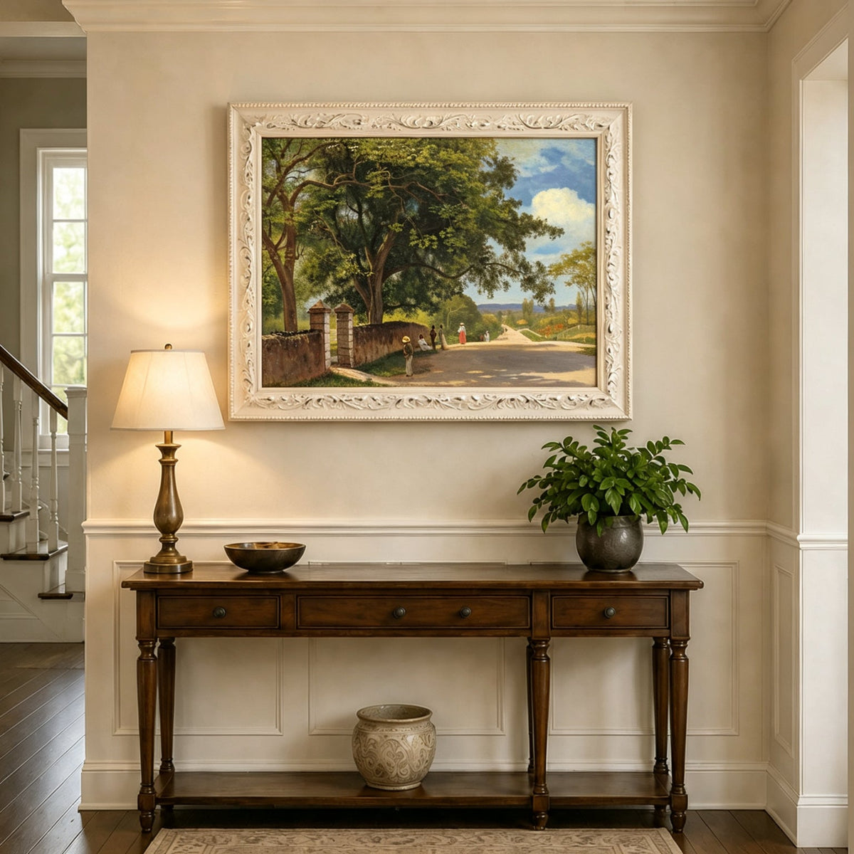 Framed hand-painted country road oil painting with figures beneath broad leafy trees displayed above an entryway console table.