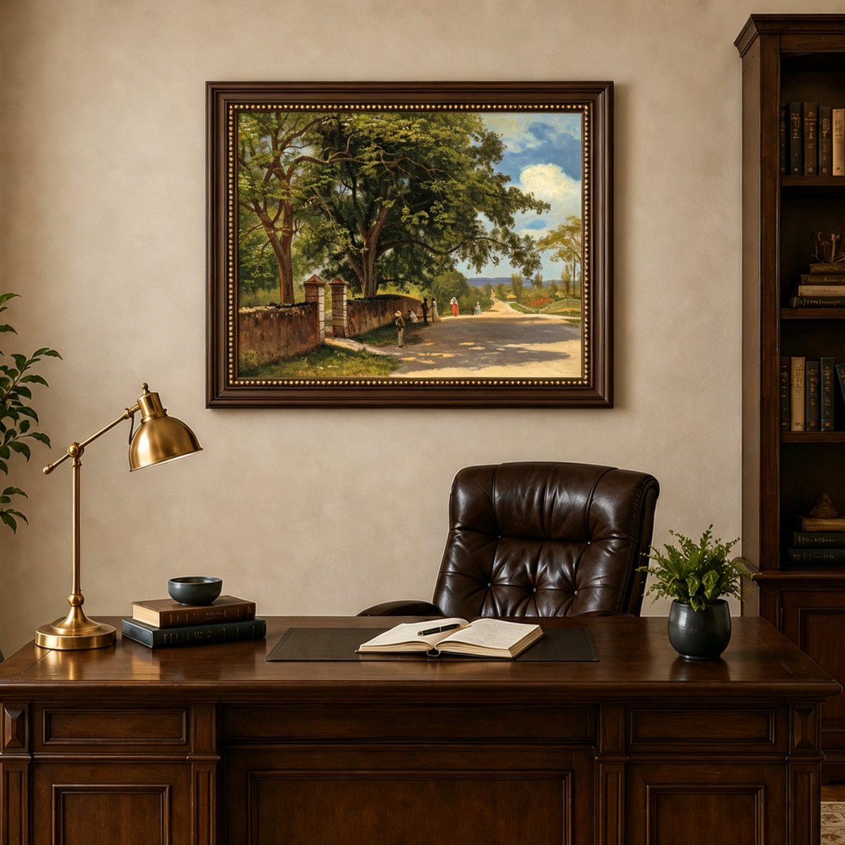 Framed hand-painted country road oil painting with figures beneath broad leafy trees displayed above a traditional home office desk.