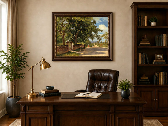 Framed hand-painted country road oil painting with figures beneath broad leafy trees displayed above a traditional home office desk.