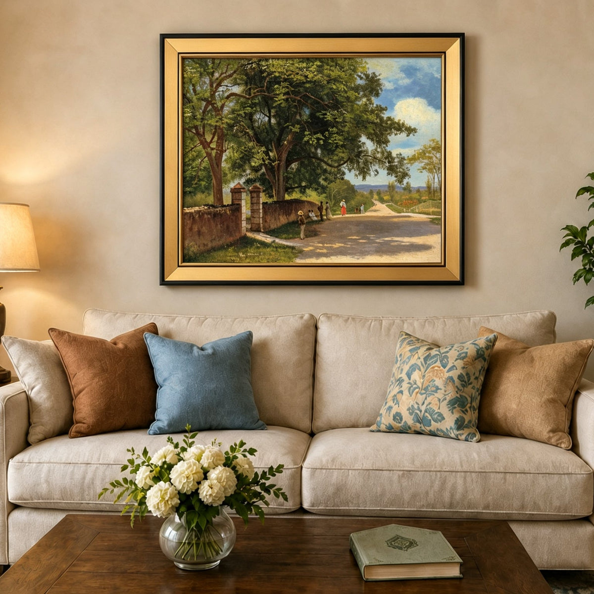 Framed hand-painted country road oil painting with figures beneath broad leafy trees displayed above a neutral living room sofa.