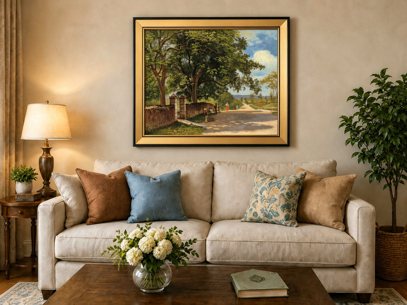 Framed hand-painted country road oil painting with figures beneath broad leafy trees displayed above a neutral living room sofa.