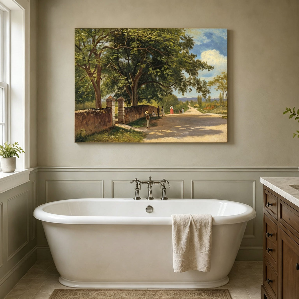 Unframed hand-painted country road oil painting with figures beneath broad leafy trees displayed above a freestanding bathtub.