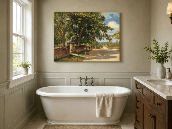Unframed hand-painted country road oil painting with figures beneath broad leafy trees displayed above a freestanding bathtub.