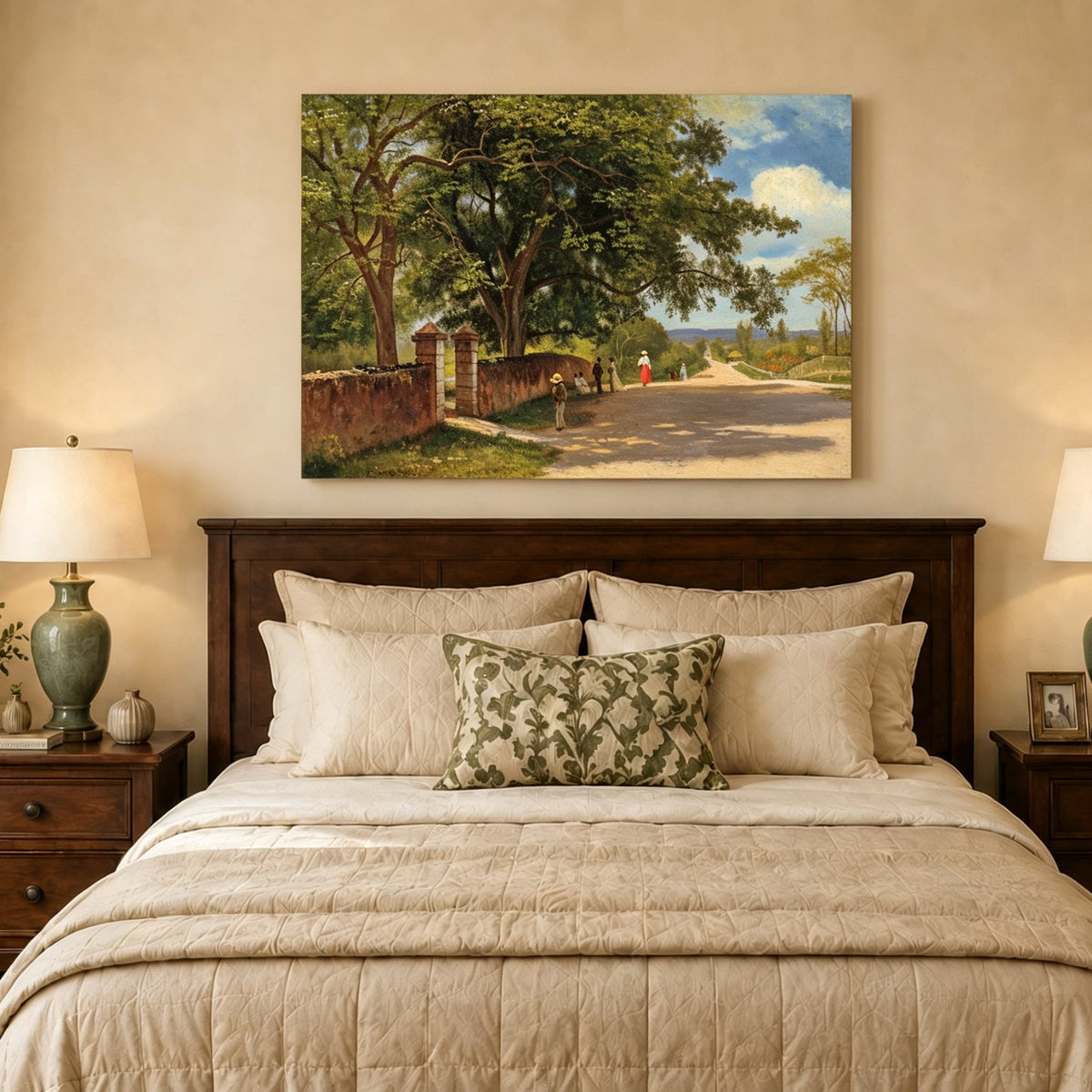 Unframed hand-painted country road oil painting with figures beneath broad leafy trees displayed above a wooden bed in a neutral bedroom.