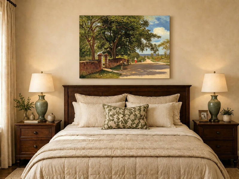 Unframed hand-painted country road oil painting with figures beneath broad leafy trees displayed above a wooden bed in a neutral bedroom.