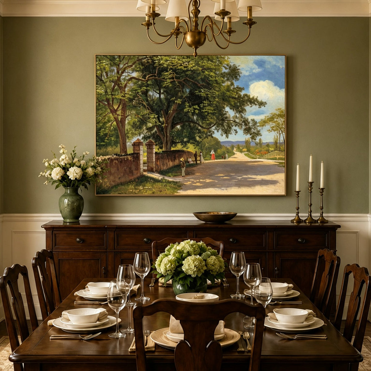 Unframed hand-painted country road oil painting with figures beneath broad leafy trees displayed above a formal dining table.