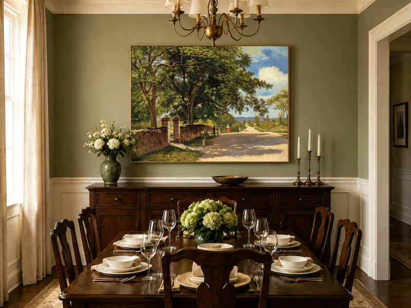 Unframed hand-painted country road oil painting with figures beneath broad leafy trees displayed above a formal dining table.