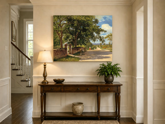 Unframed hand-painted country road oil painting with figures beneath broad leafy trees displayed above an entryway console table.