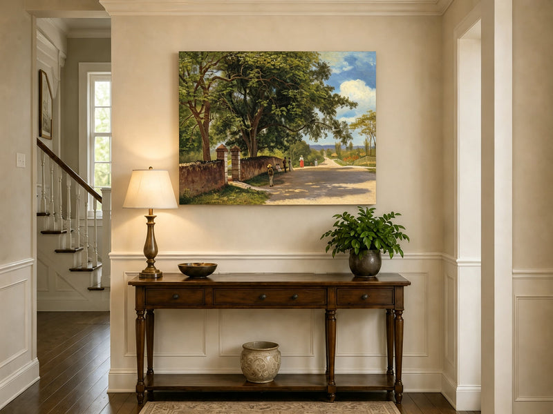 Unframed hand-painted country road oil painting with figures beneath broad leafy trees displayed above an entryway console table.