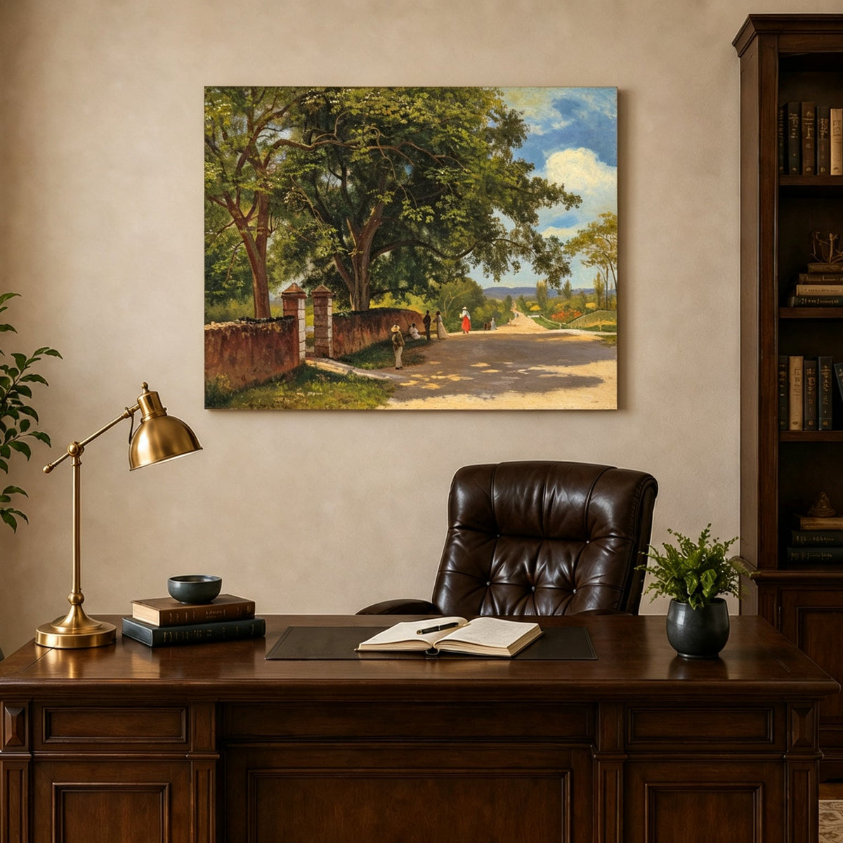 Unframed hand-painted country road oil painting with figures beneath broad leafy trees displayed above a traditional home office desk.