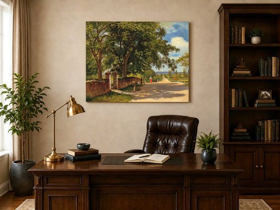 Unframed hand-painted country road oil painting with figures beneath broad leafy trees displayed above a traditional home office desk.