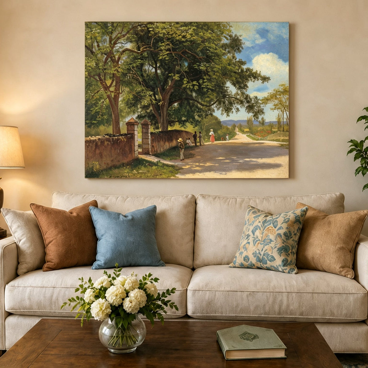 Unframed hand-painted country road oil painting with figures beneath broad leafy trees displayed above a neutral living room sofa.