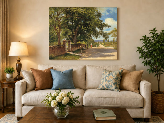 Unframed hand-painted country road oil painting with figures beneath broad leafy trees displayed above a neutral living room sofa.