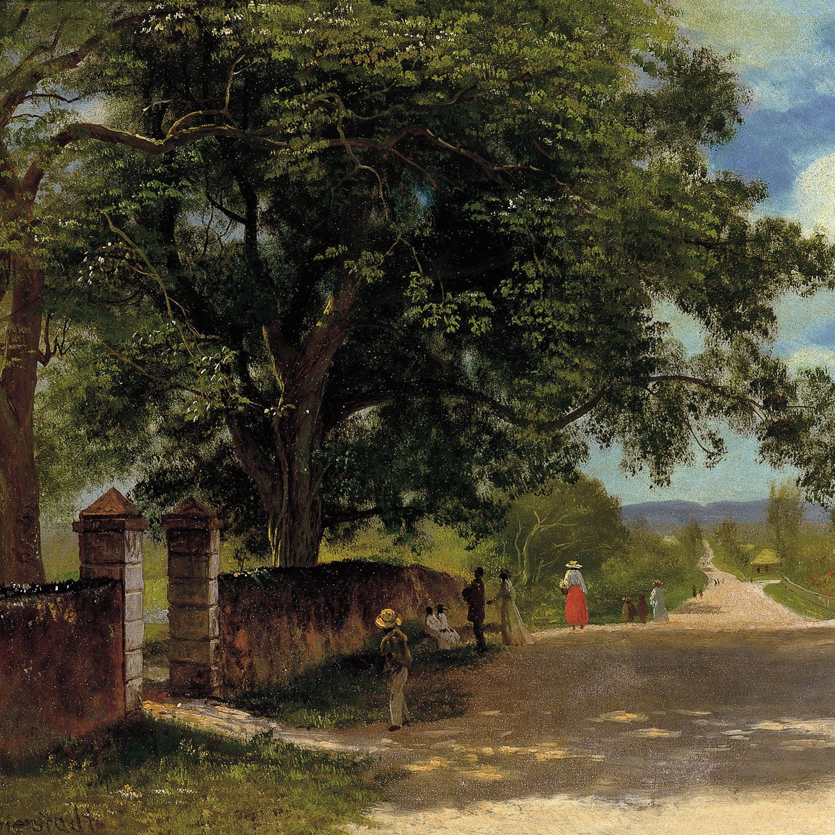 Hand-painted tree-lined country road with figures landscape oil painting on canvas