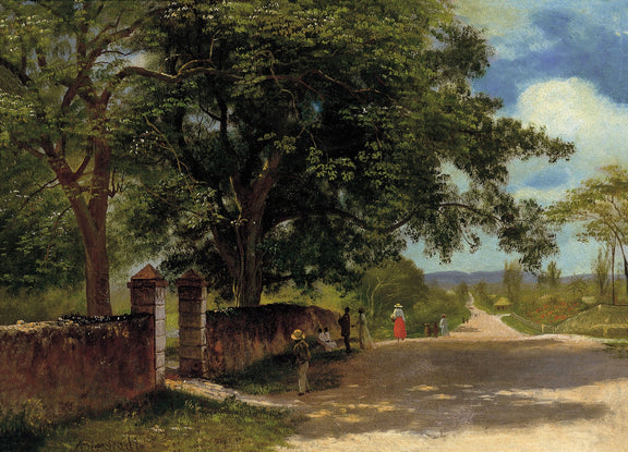 Hand-painted tree-lined country road with figures landscape oil painting on canvas