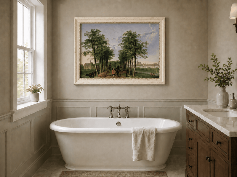 Framed hand-painted tree-lined path oil painting with figures, horses and cattle displayed above a freestanding bathtub.