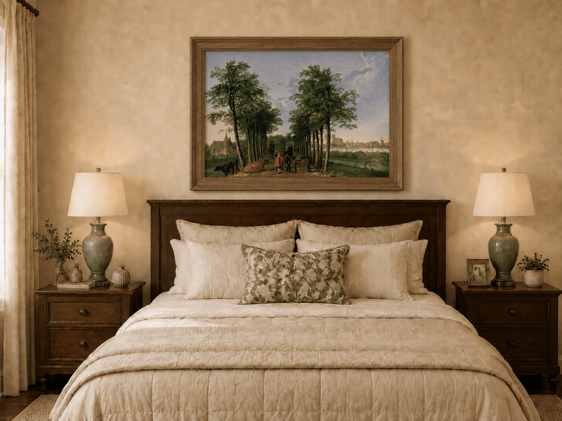 Framed hand-painted tree-lined path oil painting with figures, horses and cattle displayed above a wooden bed in a neutral bedroom.