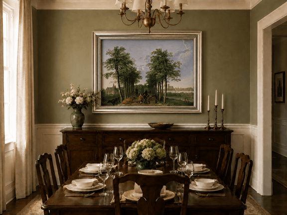 Framed hand-painted tree-lined path oil painting with figures, horses and cattle displayed above a formal dining table.