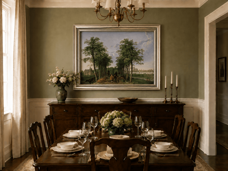 Framed hand-painted tree-lined path oil painting with figures, horses and cattle displayed above a formal dining table.