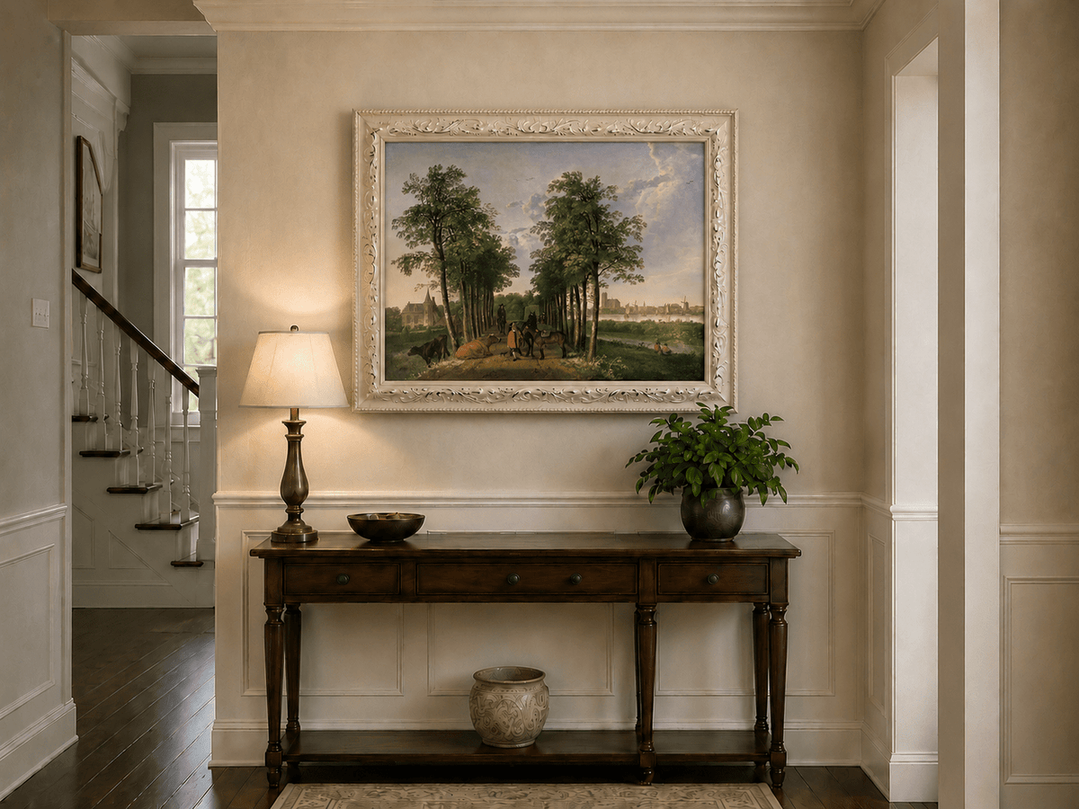 Framed hand-painted tree-lined path oil painting with figures, horses and cattle displayed above an entryway console table.